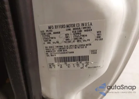 2004 Ford F-250 Lariat/Xl/Xlt from USA, damaged, VIN 1FTNX21L04EA73688